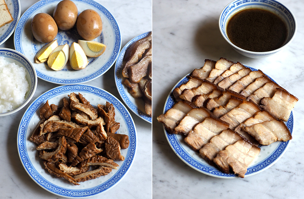 The pig's intestines are well cleaned and have a tender texture (left). Braised pork belly has a nice ratio of meat and fat, whereby the meat is still moist and tender (right).