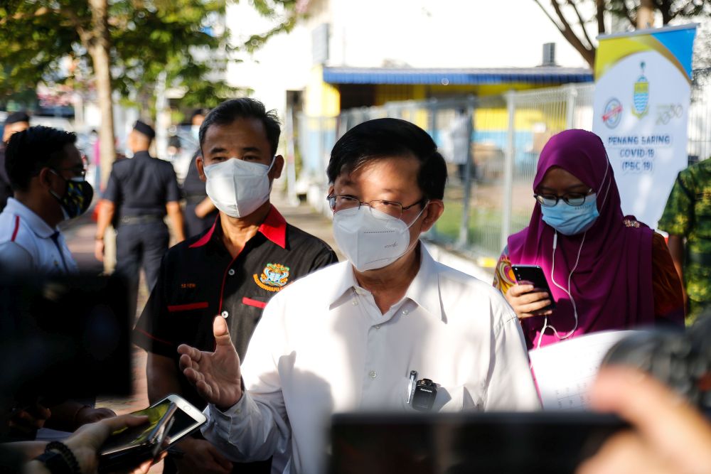 Penang Chief Minister Chow Kon Yeow addresses members of the media during a mass screening exercise in Taman Manggis, George Town August 12, 2021. u00e2u20acu201d Picture by Sayuti Zainudin