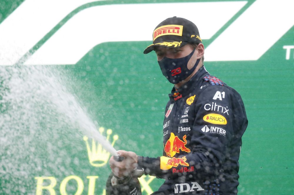 Red Bull's Max Verstappen celebrates his first place finish at the Belgian Grand Prix on the podium August 29, 2021. u00e2u20acu201d Reuters pic