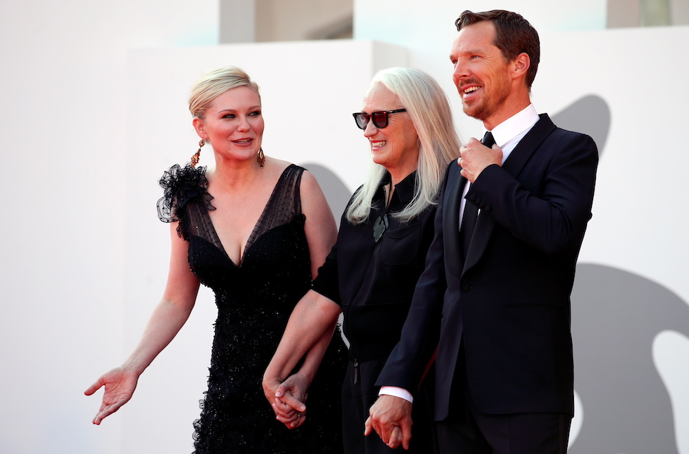 Director Jane Campion, actor Benedict Cumberbatch and actor Kirsten Dunst pose at the screening of the film ‘The Power of the Dog’ in Venice September 2, 2021. — Reuters pic