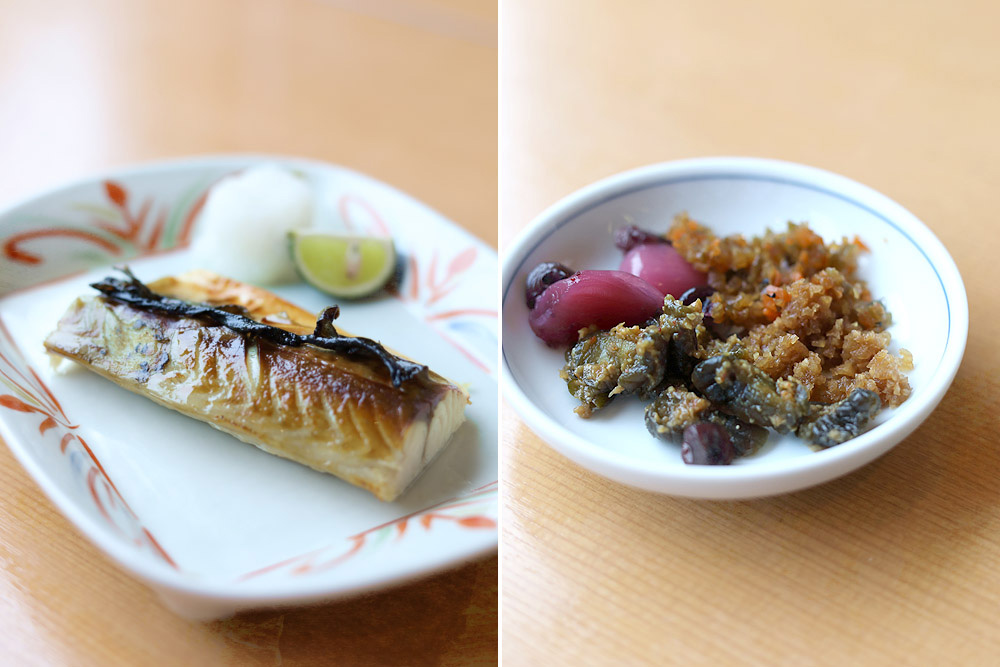 'Yakizakana' or grilled fish (left). 'Tsukemono' or pickled vegetables (right).