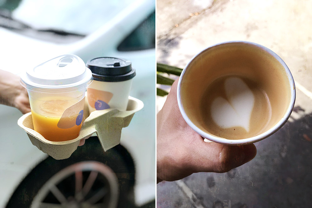 The perfect hangover cure: Tangy orange juice and a strong flat white to go.