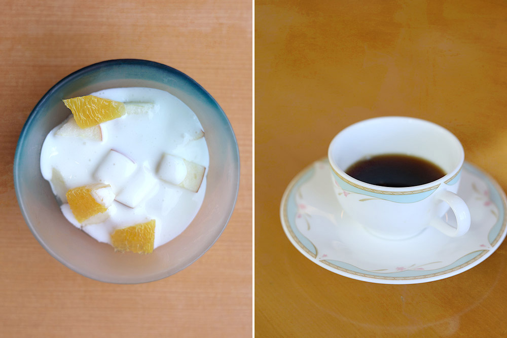 Fresh fruits with milk (left) and strong black coffee (right).