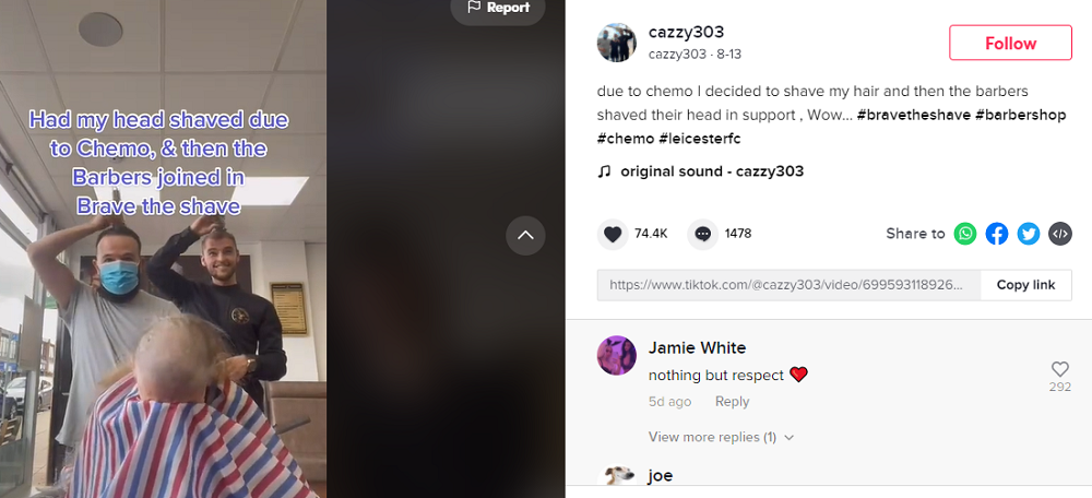 The barbers’ kindness towards Ross has won million of hearts, reaching 599.4K views with 74.4K likes and 1478 comments — Picture via cazzy303 TikTok account