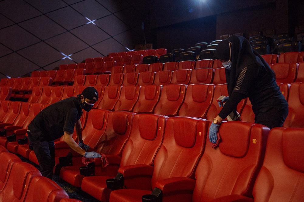 GSC Cinema staff disinfect seats at the Mid Valley Megamall outlet in Kuala Lumpur September 8, 2021. u00e2u20acu201d Picture by Shafwan Zaidon