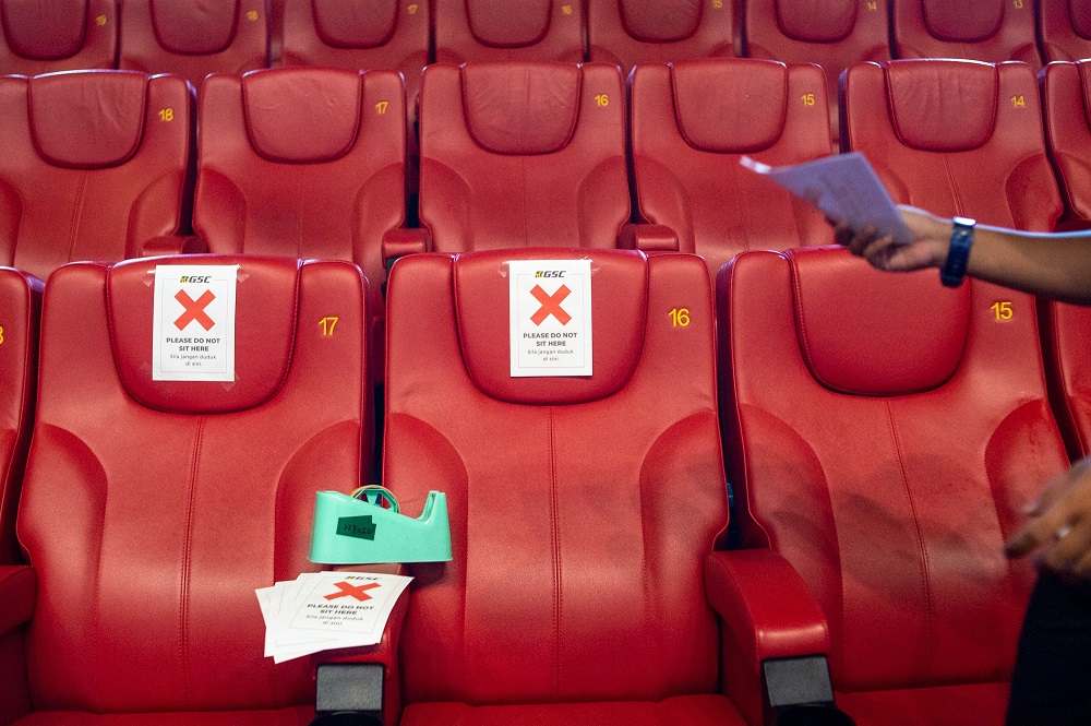 Notices indicating social distance seating are seen at the GSC Cinema Mid Valley Megamall outlet in Kuala Lumpur September 8, 2021. u00e2u20acu201d Picture by Shafwan Zaidon