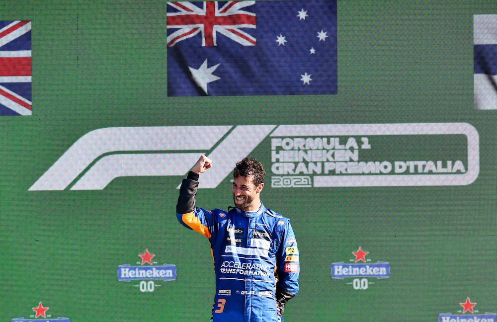 McLaren's Daniel Ricciardo celebrates on the podium after winning the Italian Grand Prix at the Autodromo Nazionale Monza, Monza, Italy September 12, 2021. u00e2u20acu201d Reuters pic