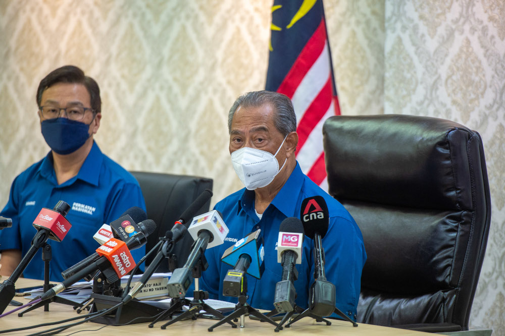 Perikatan Nasional chairman Tan Sri Muhyiddin Yassin speaks to the media after attending a PN coalition partners meeting at Publika Shopping Gallery, September 30, 2021. u00e2u20acu201d Picture by Shafwan Zaidon 