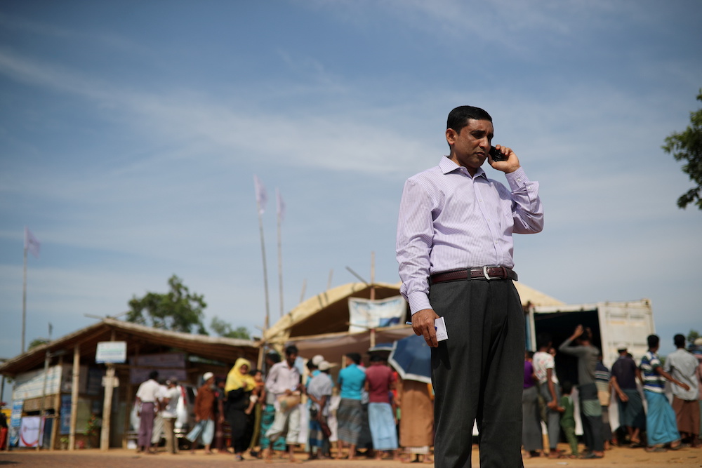 Mohib Ullah, a leader of Arakan Rohingya Society for Peace and Human Rights, talks on the phone in Kutupalong camp in Cox's Bazar, Bangladesh April 7, 2019. u00e2u20acu201d Reuters file pic