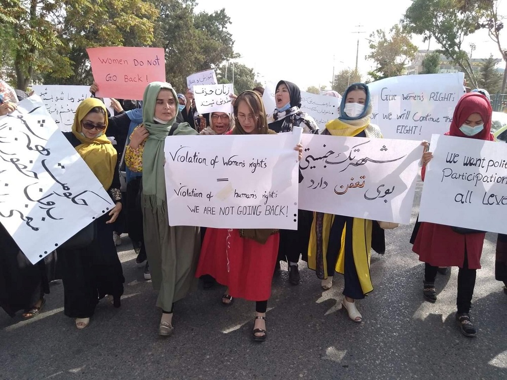 Women hold banners as they attend a demonstration in Mazar-e-Sharif, Afghanistan September 6, 2021. u00e2u20acu2022 Picture courtesy of Shamshad News/Handout via Reuters
