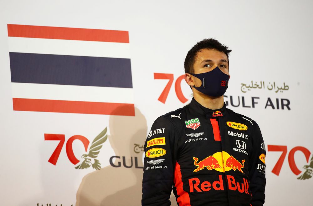 Red Bull's Alexander Albon celebrates on the podium after finishing in third place at the Bahrain Grand Prix November 29, 2020. u00e2u20acu201d Reuters pic