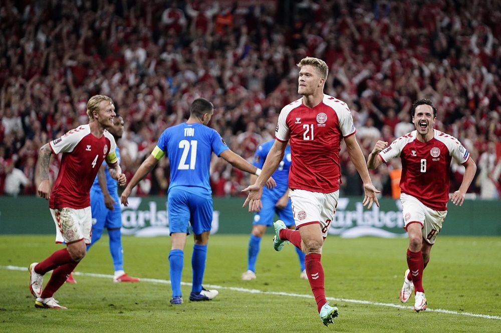 Denmark's Andreas Cornelius celebrates after scoring the fifth goal against Israel September 8, 2021. u00e2u20acu2022 Mads Claus Rasmussen/Ritzau Scanpix via Reuters
