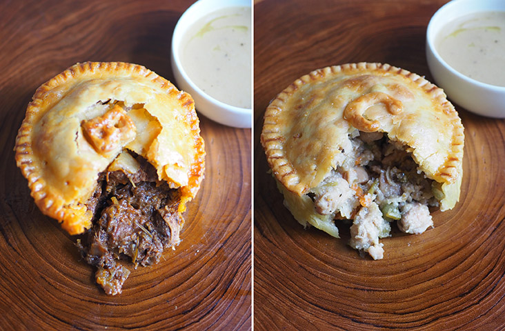 The beef pie is satisfying with flaky pastry and tender meat (left). The pies are generously stuffed with ingredients like this chicken pie that you can pair with a creamy gravy (right)
