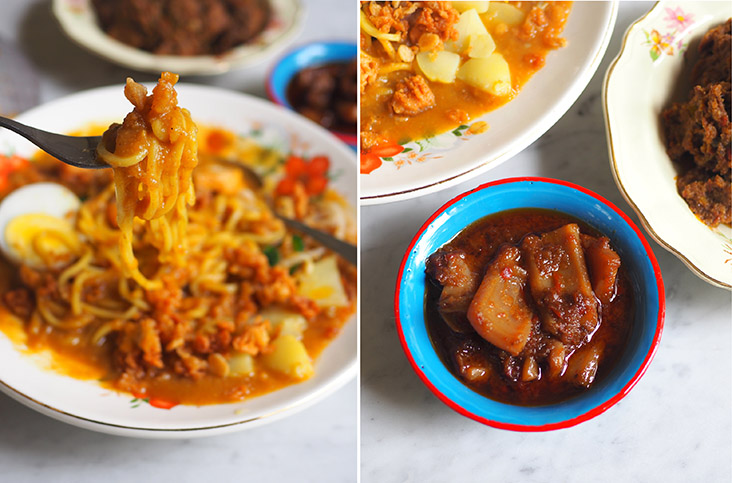 The noodles are drenched in a sauce thickened with Japanese sweet potatoes (left). Don't forget to add their 'sambal sotong' with tender squid pieces and a fragrant, not too spicy sauce (right)