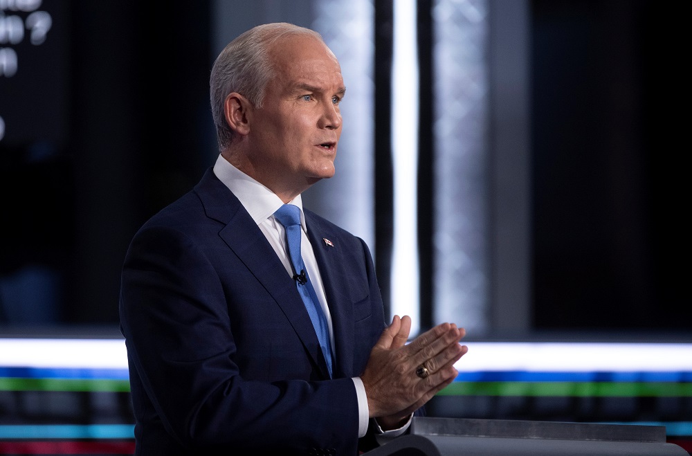 Conservative Party leader Erin O'Toole speaks during the federal election French-language leaders debate, in Gatineau, Quebec, Canada September 8, 2021. u00e2u20acu2022 Justin Tang/Pool via Reuters