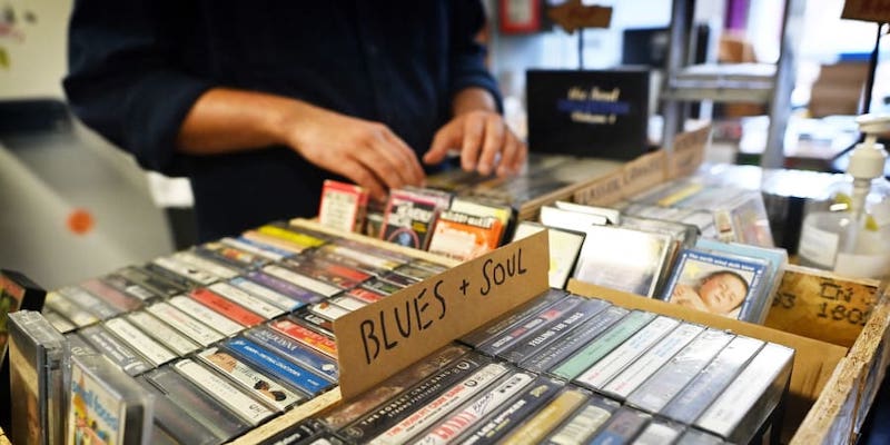 Giorgio Carbone, co-founder of Mars Tapes poses in his shop in Manchester, north west England. u00e2u20acu201d ETX Studio pic