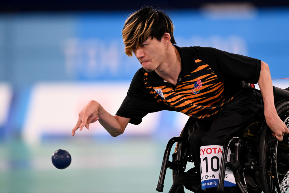 National boccia player Chew Wei Lun in action against his opponent from Great Britain, Smith David in the mixed individual category final (BC1) at the Tokyo 2020 Paralympic Games at Ariake Gymnastics Centre, September 1, 2021. u00e2u20acu201d Bernama pic 