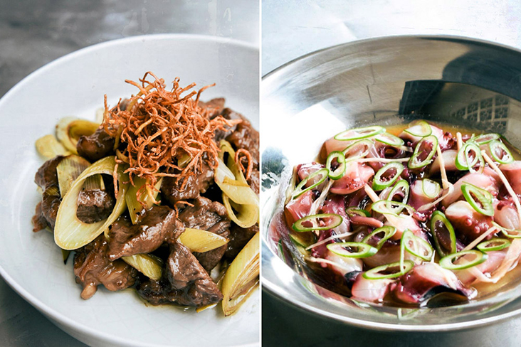 Wagyu beef stir fry with lacto leeks and ginger (left). Steamed octopus with 'shio koji', pickled ginger and spring onions. 