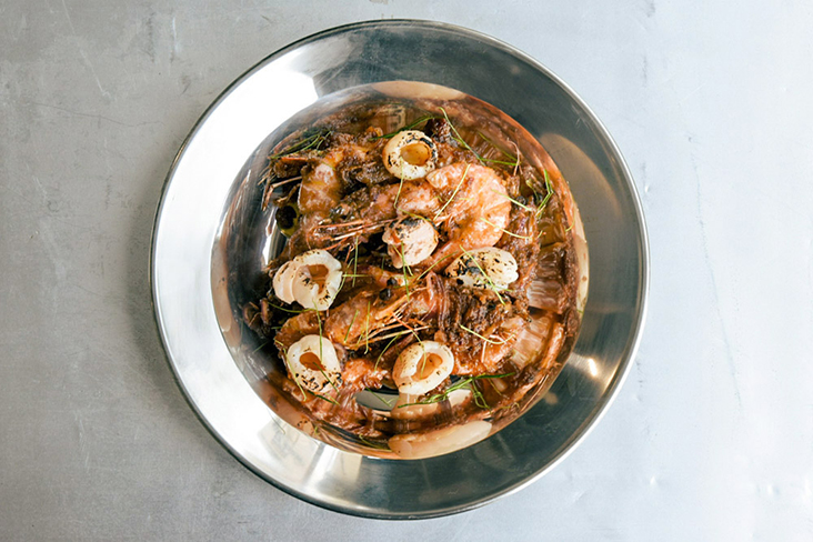 Smoked lychee sambal prawns.