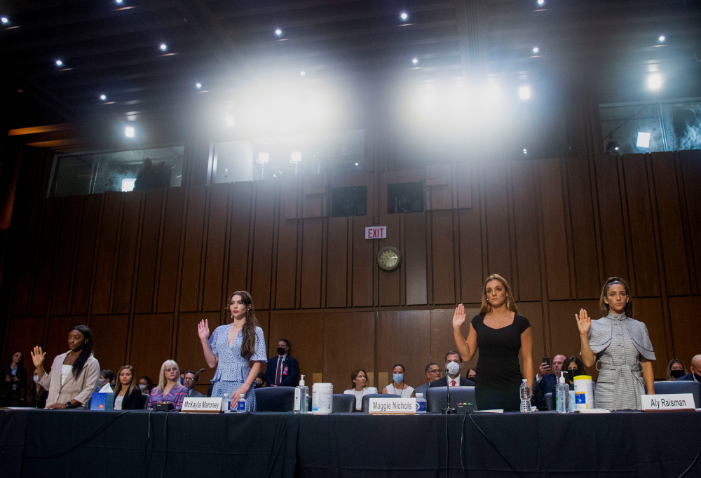 US Olympic gymnasts Simone Biles, McKayla Maroney, Maggie Nichols, and Aly Raisman are sworn in to testify during a Senate Judiciary hearing on Capitol Hill, in Washington, DC, September 15, 2021. u00e2u20acu201d Reuters pic 