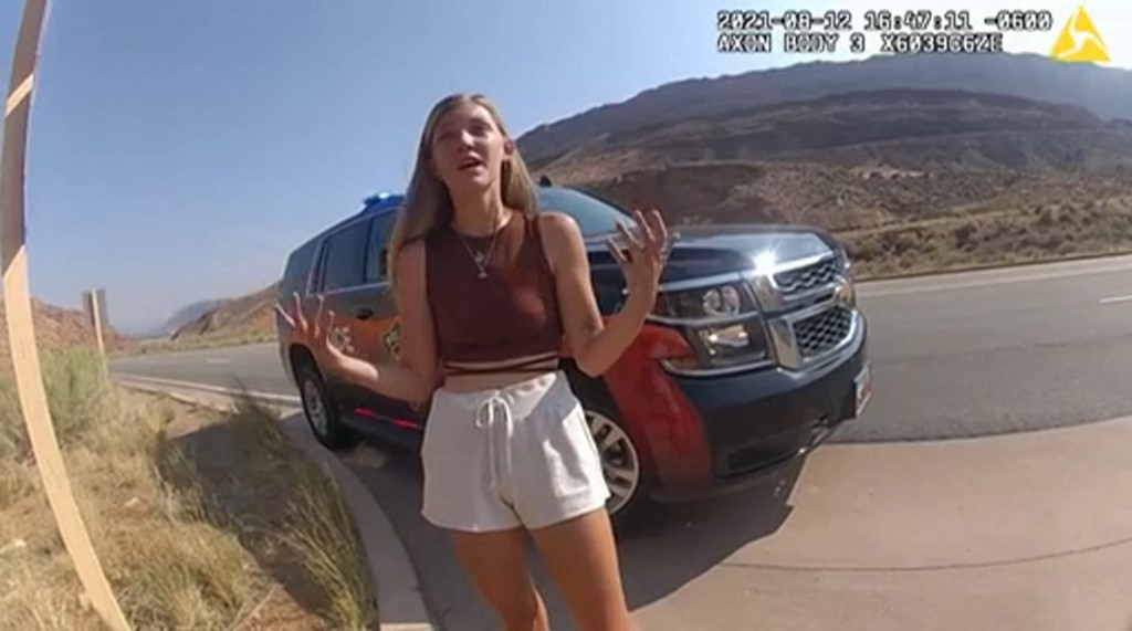 This August 12, 2021, still image from a police bodycam released by the Moab City Police Department in Utah, shows Gabrielle Petito speaking with police as they responded to an altercation between Petito and her boyfriend, Brian Laundrie. u00e2u20acu201d AFP pic