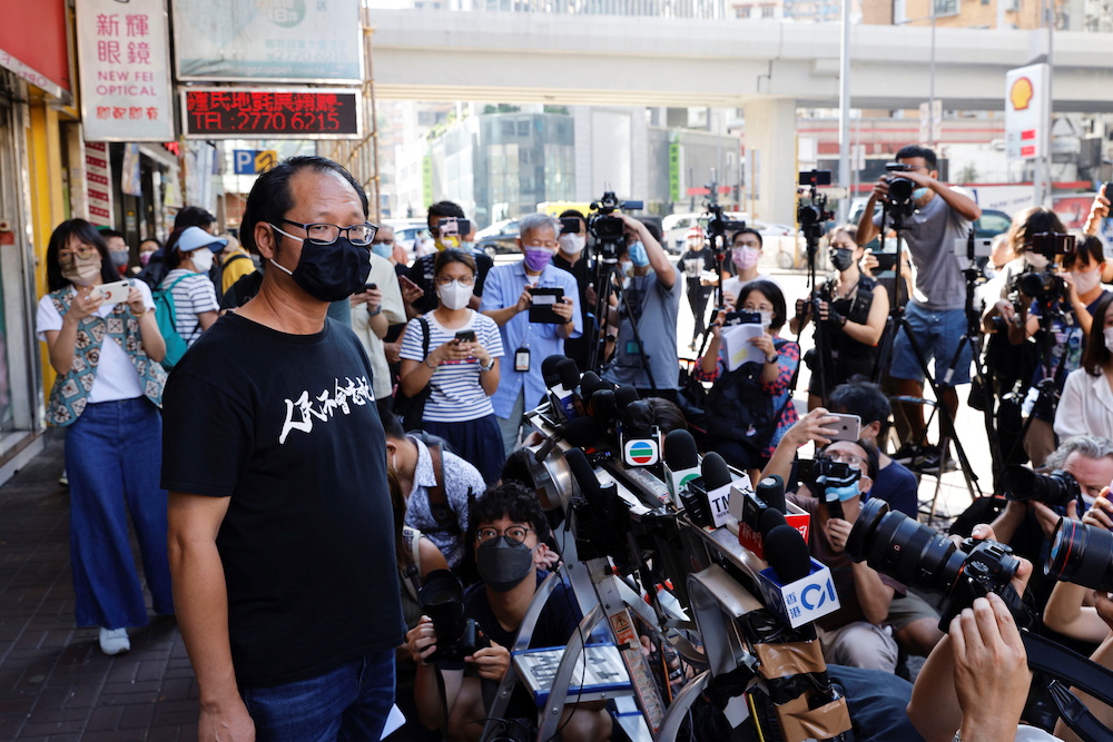 Richard Tsoi, secretary of the Hong Kong Alliance in Support of Patriotic Democratic Movements of China, speaks to media after it was announced that the group will disband, in Hong Kong, China September 25, 2021. u00e2u20acu201d Reuters picnn