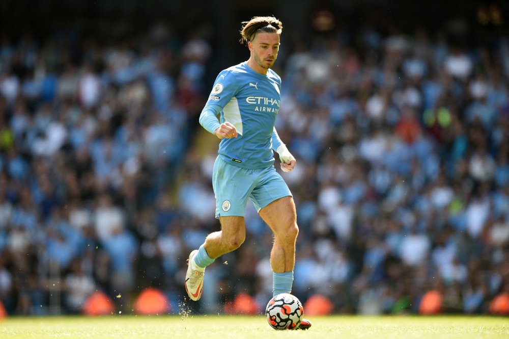 Manchester City midfielder Jack Grealish controls the ball during the English Premier League football match against Arsenal at the Etihad Stadium in Manchester, north-west England, August 28, 2021. u00e2u20acu201d AFP pic 