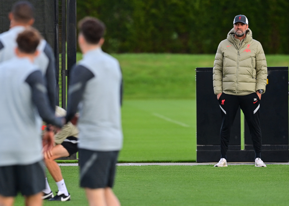 Liverpool manager Jurgen Klopp takes part in a training session at the Axa training centre in Kirkby, north of Liverpool in north-west England on the eve of their Uefa Champions League, Group B football match against Porto, September 27, 2021. u00e2u20acu201d AFP pic