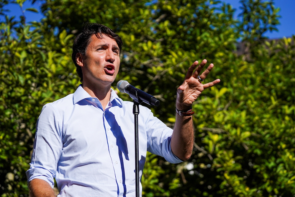 Canadau00e2u20acu2122s Liberal Prime Minister Justin Trudeau speaks during an election campaign stop in Aurora, Ontario, Canada September 18, 2021. u00e2u20acu201d Reuters picnn