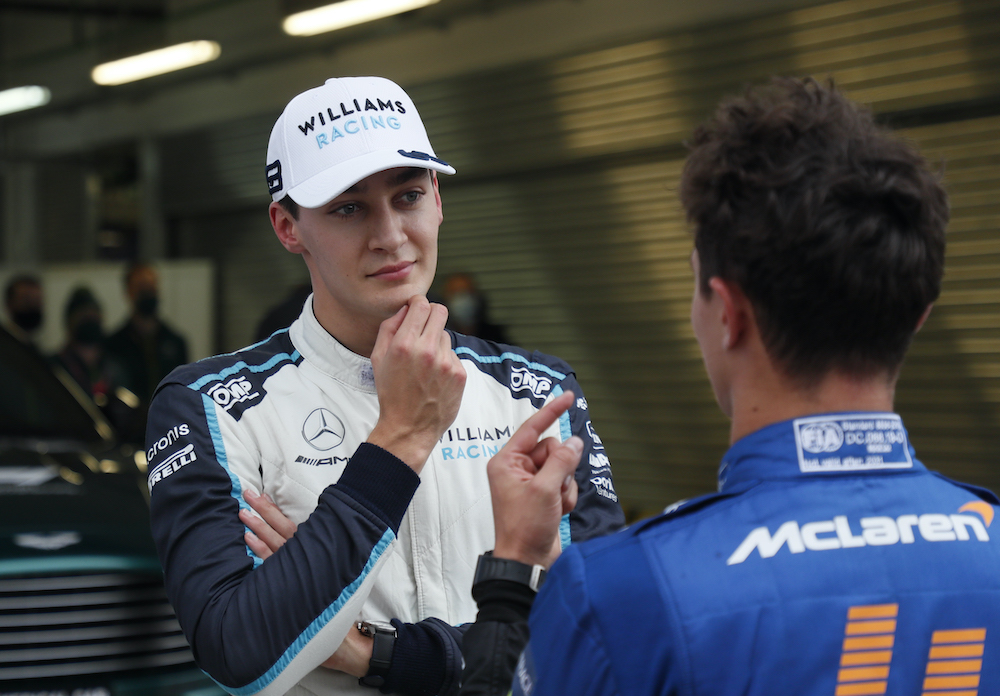 Williamsu00e2u20acu2122 George Russell talks to McLarenu00e2u20acu2122s Lando Norris after qualifying at the Russian Grand Prix in Sochi Autodrom, Sochi, September 25, 2021. u00e2u20acu201d Reuters picnn