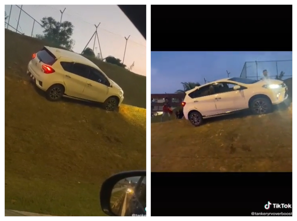 The Myvi going over the road divider and uphill a slope has impressed many with its u00e2u20acu02dcflyingu00e2u20acu2122 abilities. u00e2u20acu201d Screengrab via TikTok/tankeryrvoverboost 