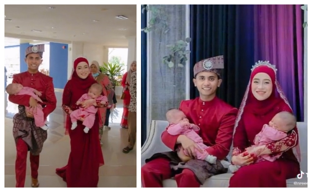 Nureen Maimah Mahyudin and her husband decked out in their wedding attire while cradling their twin babies. u00e2u20acu201d Screen capture via TikTok/nreennaimaaa