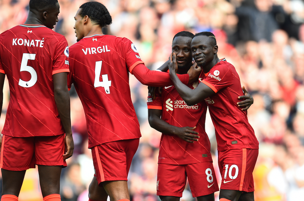 Liverpoolu00e2u20acu2122s Naby Keita celebrates scoring their third goal with Sadio Mane during the match against Crystal Palace at Anfield in Liverpool, September 18, 2021. u00e2u20acu201d Reuters pic
