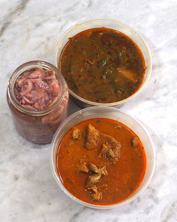 The pork ‘rendang’ and ‘perut ikan’ come in smaller tubs while you can also pick up condiments like this ‘cincalok’ mixed with chopped onions and chillies for an appetising dip