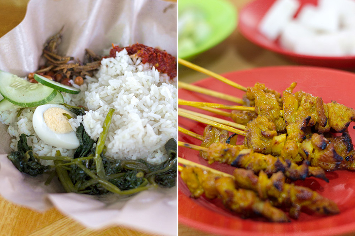 Melakan 'nasi lemak' comes with a side of 'kangkung' (left). Hainanese-style pork satay (right).