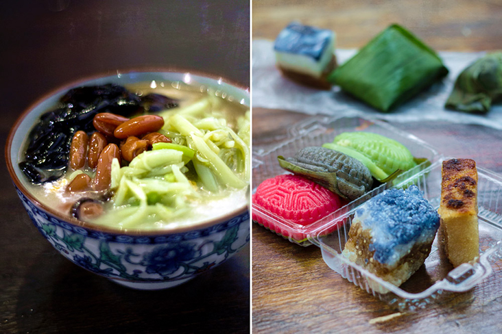 Nyonya delights: 'cendol' (left) and colourful 'kuih' (right).