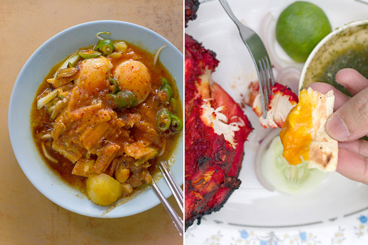 Suppertime favourites: nutty and spicy 'mee kahwin' (left) and garlic butter naan with tandoori chicken.
