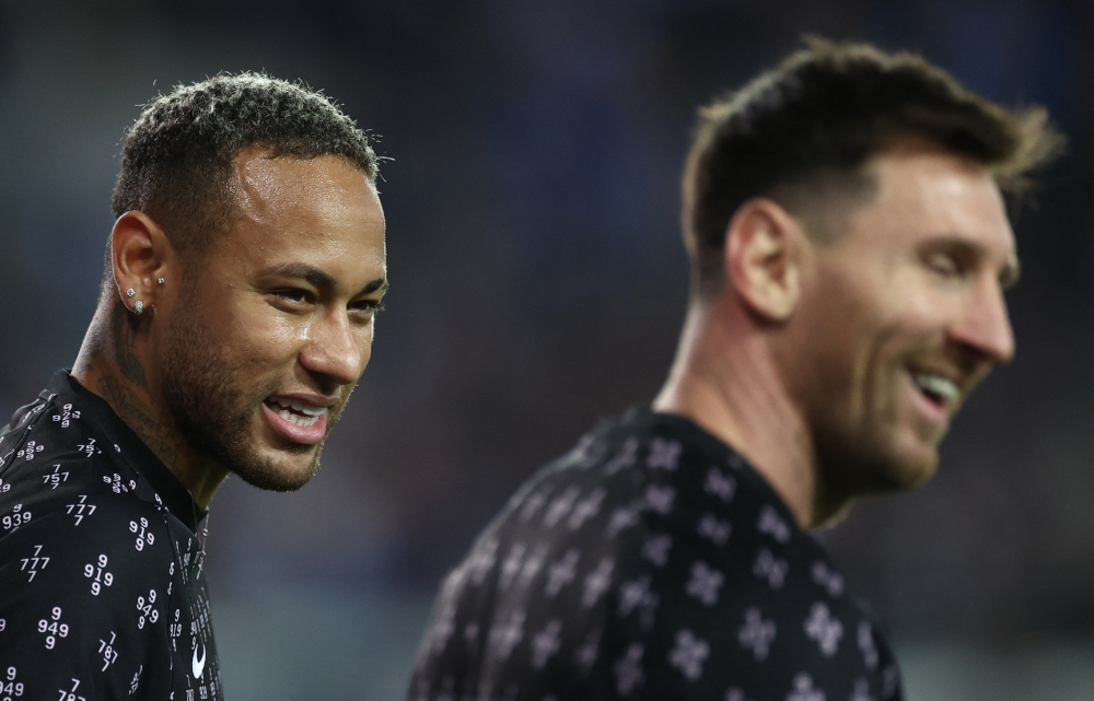 Paris Saint-Germainu00e2u20acu2122s Neymar and Lionel Messi warm up prior the Uefa Champions League Group A football match Club Brugge against Paris Saint-Germain (PSG) at Jan Breydel Stadium in Bruges, September 15, 2021. u00e2u20acu201d AFP pic 