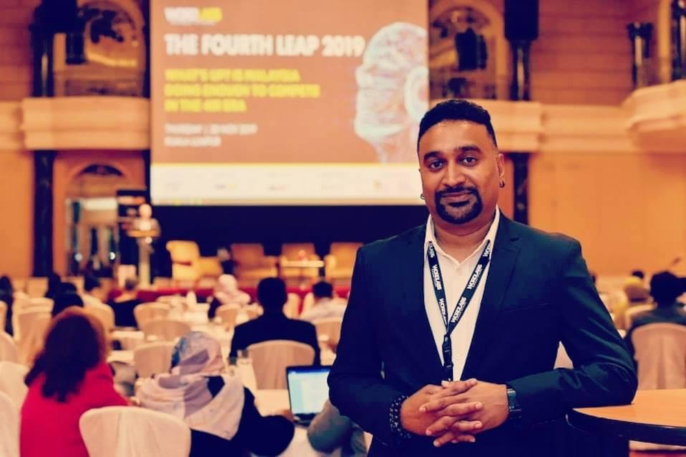 Sritharan Vellasamy, chief executive officer of Wordlabs Global Sdn Bhd, at the Fourth Leap Conference 2019 hosted by his company in Kuala Lumpur. — Picture courtesy of Sritharan Vellasamy