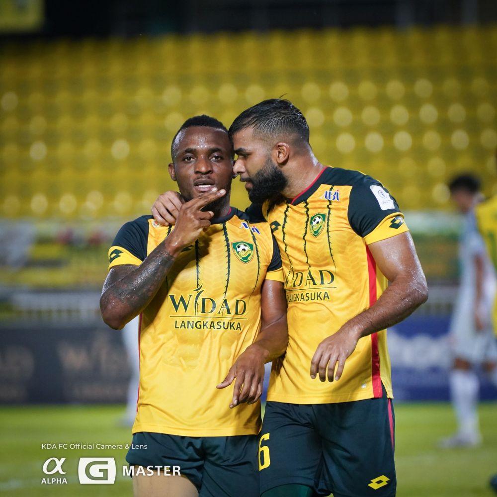 Kedah striker Tchetche Kipre (left) celebrates after scoring against Melaka United at the Darul Aman Stadium in Alor Setar September 12, 2021. u00e2u20acu201d Picture via Facebook