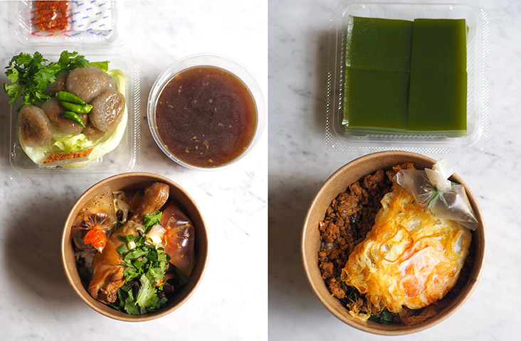 For the noodle dish, just heat up the soup and pour it over the noodles with the various toppings (left). You can also enjoy the' pad krapow' in its takeaway container for food on the go (right)