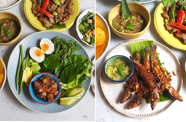 This platter of assorted vegetables is paired with fragrant, addictive shrimp paste relish, salted egg yolks and sweet pork (left). The fried fish is the first to finish with its crispy exterior and a 'nahm jin' dipping sauce (right)
