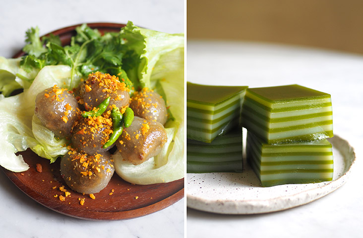 Get these delicious 'saku sai moo' with their unusual meat filling and topped with fried garlic bits (left). The 'khanom chan' or pandan layered cake has a full on fragrance of the pandan leaves (right)