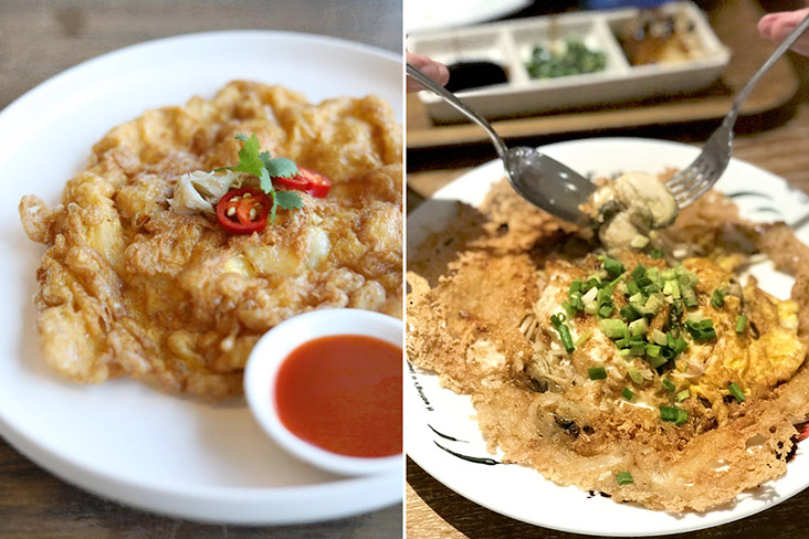 Thai omelettes can be stuffed in the form of 'khai yat sai' (left) or mixed with oysters as 'hoy tod' (right).