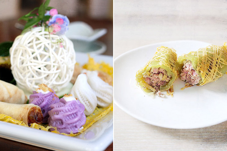 'Hor khai' (Thai egg net threads) is used to hold other foods, such as appetisers (left) or as a wrap for stuffed sweet peppers (right).