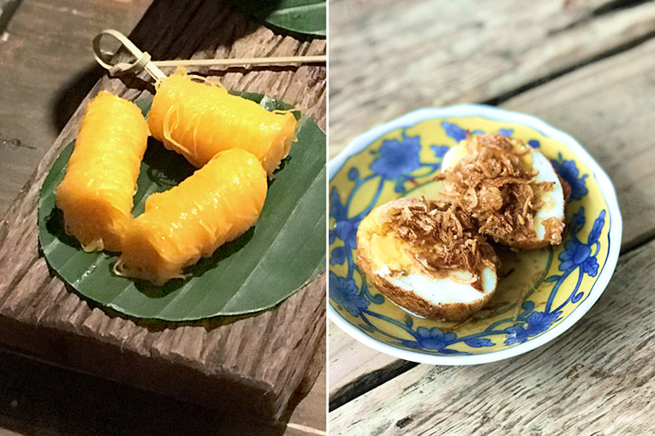 'Foi thong' or golden egg yolk threads (left). 'Khai loog keuy' or son-in-law eggs (right).