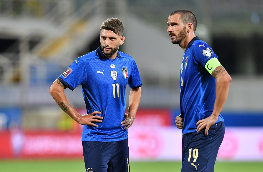 Italy's Leonardo Bonucci and Domenico Berardi look on after the match against Bulgaria September 3, 2021. u00e2u20acu2022 Reuters pic