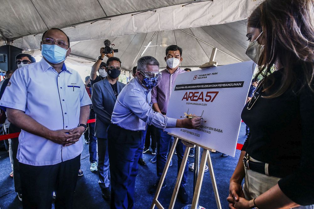 Minister of Science, Technology and Innovation Datuk Seri Dr Adham Baba officiates the launch of drone development zone dubbed u00e2u20acu02dcArea 57u00e2u20acu2122 at Technology Park, Kuala Lumpur September 16, 2021. u00e2u20acu2022 Picture by Hari Anggara