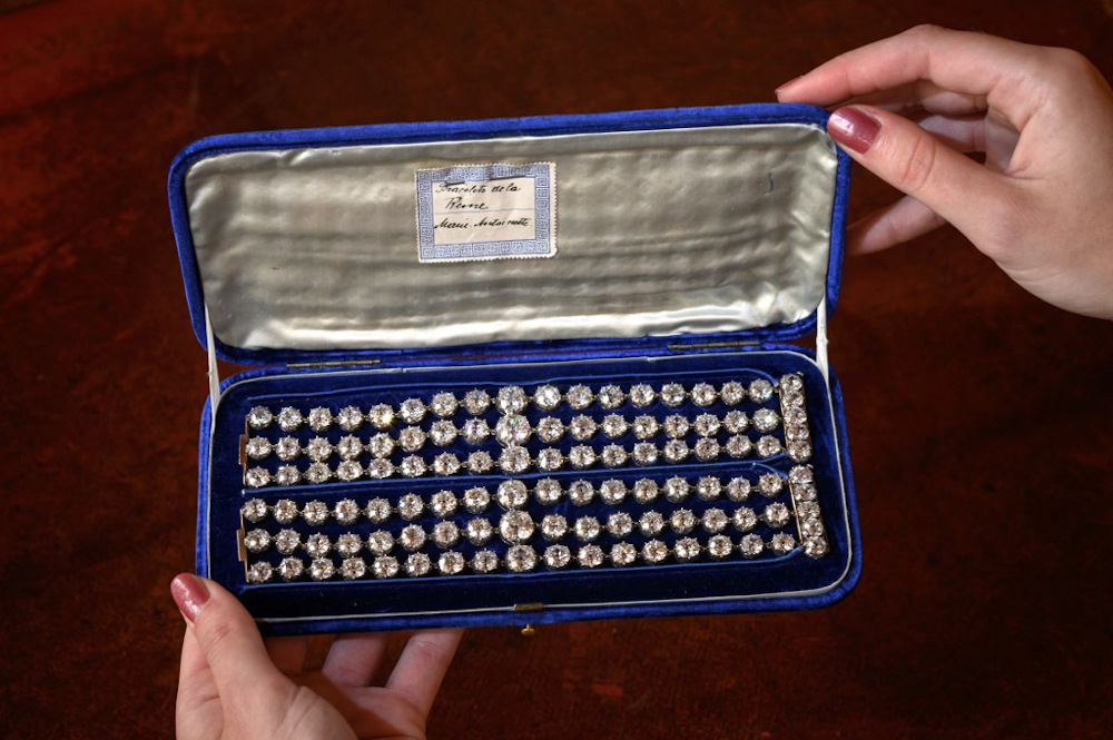 This picture taken in Geneva on September 6, 2021 shows two bracelets belonged to French Queen Marie-Antoinette adorned with three rows of 112 old cut diamonds, that will be offer sale by Christieu00e2u20acu2122s auction house on November 9 in Geneva. u00e2u20acu201d AFP pic