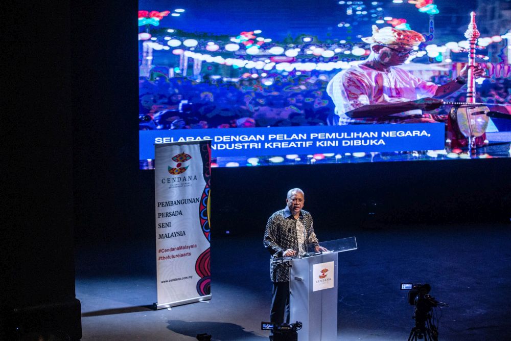 Communications and Multimedia Minister Tan Sri Annuar Musa speak at the launch of u00e2u20acu02dcCendana Art in The City 2021u00e2u20acu2122 in Kuala Lumpur September 30, 2021. u00e2u20acu2022 Picture by Firdaus Latif
